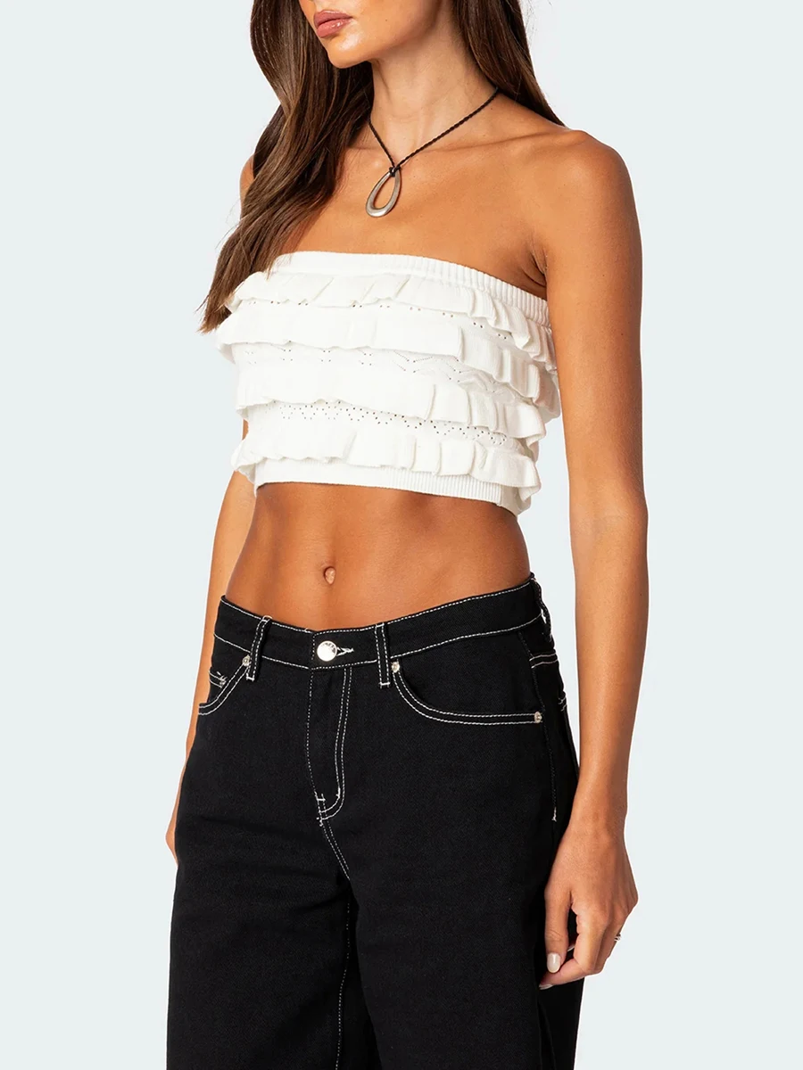 Женский Укороченный трикотажный топ с открытыми плечами и оборками