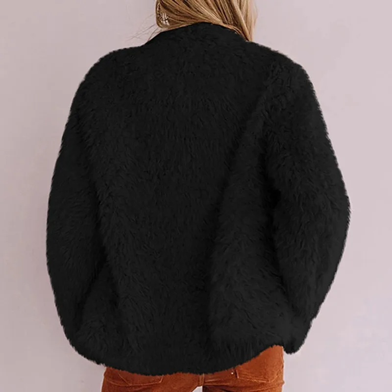 Thick Faux Fur V Neck Collar Plush Overcoat Jackets Women Teddy Jacket Solid Color Button Casual Warm Outerwear Tweed Coat mujer