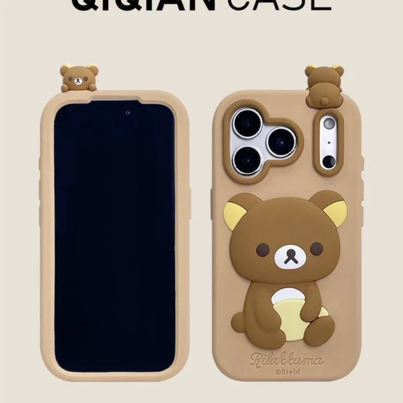 Фото Милый 3D-чехол для телефона Rilakkuma Bear с мини-медведем на верхней части для iPhone 17 16 15 14 13 12 Pro Max, мягкий силиконовый противоударный чехол №3