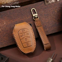 top layer leather car key case shell cover for ssang yong motor interior accessories retro style cowhide bag fashionable