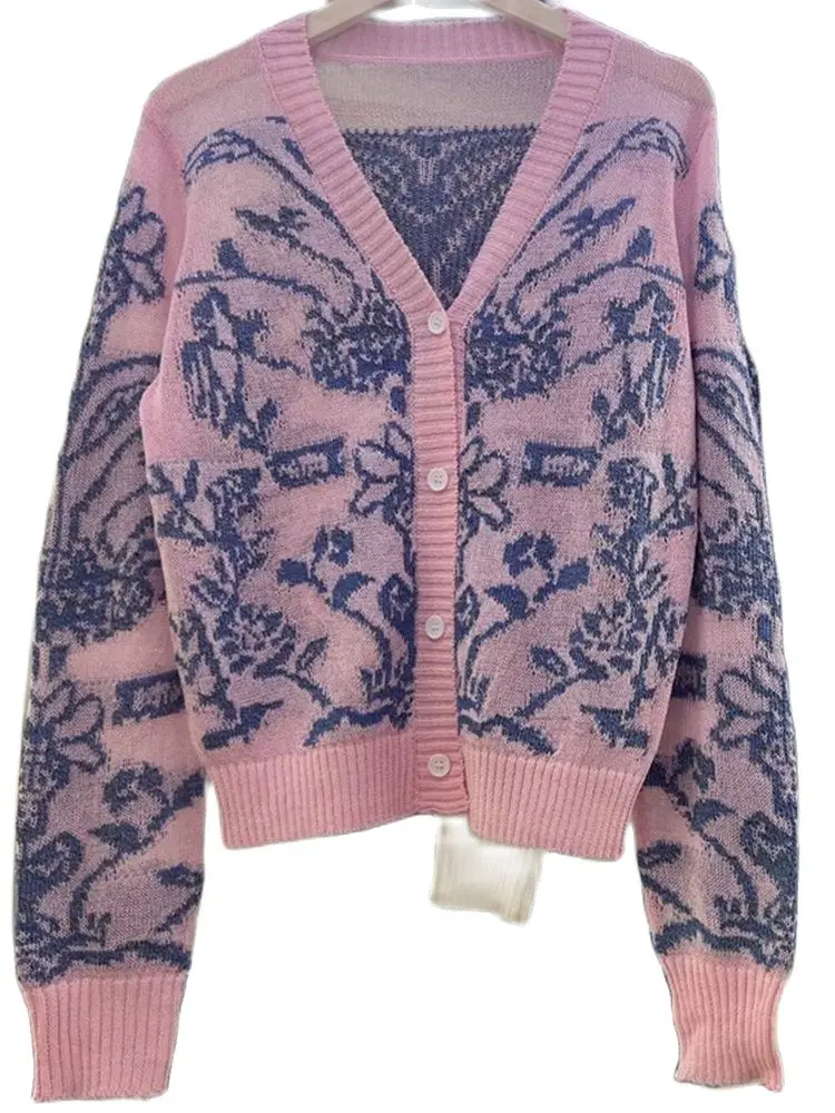 

Leisure V-Neck Single Breasted Printed Knitted Cardigan Long Sleeved Top 2023 Autumn New Fashionable Women'S Clothing