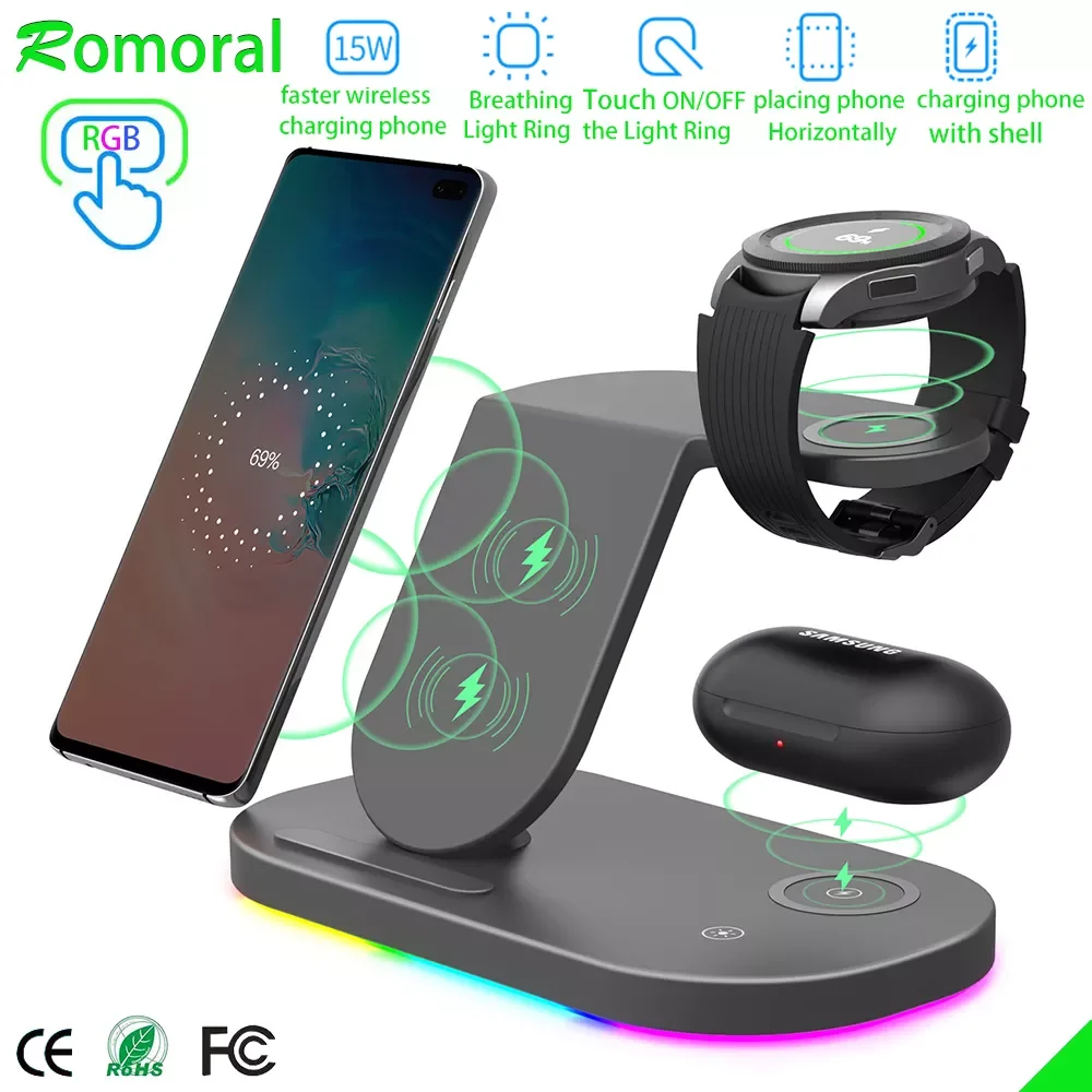 

3 IN 1 Wireless Charger Station For Samsung S21/S20/S10 Galaxy Watch 4 Classic Wireless Charging For iPhone 13 12 Airpods 2 Pro