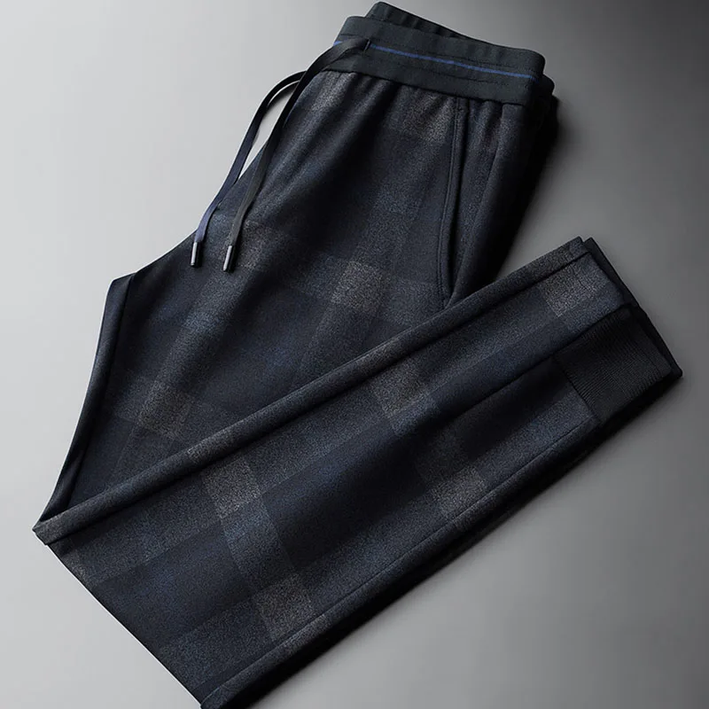 Light luxury winter ground wool material warm high-end casual plaid pants men slim British sports pants men