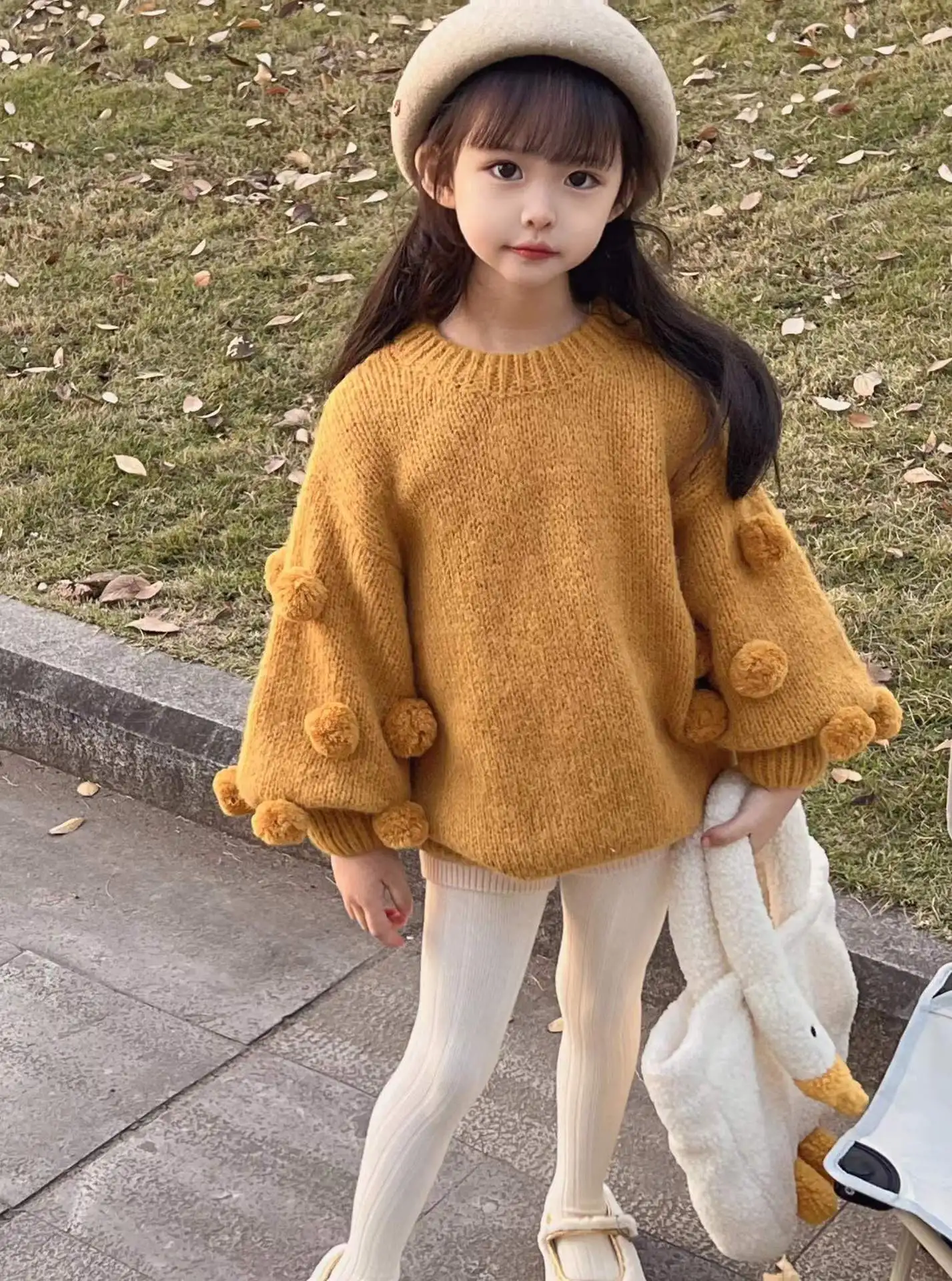 Criscky 2022 Girls Sweater Winter Lantern Sleeve Sweater Warm Thick Knit Sweater Soft Solid Color Children Girls Pullover top