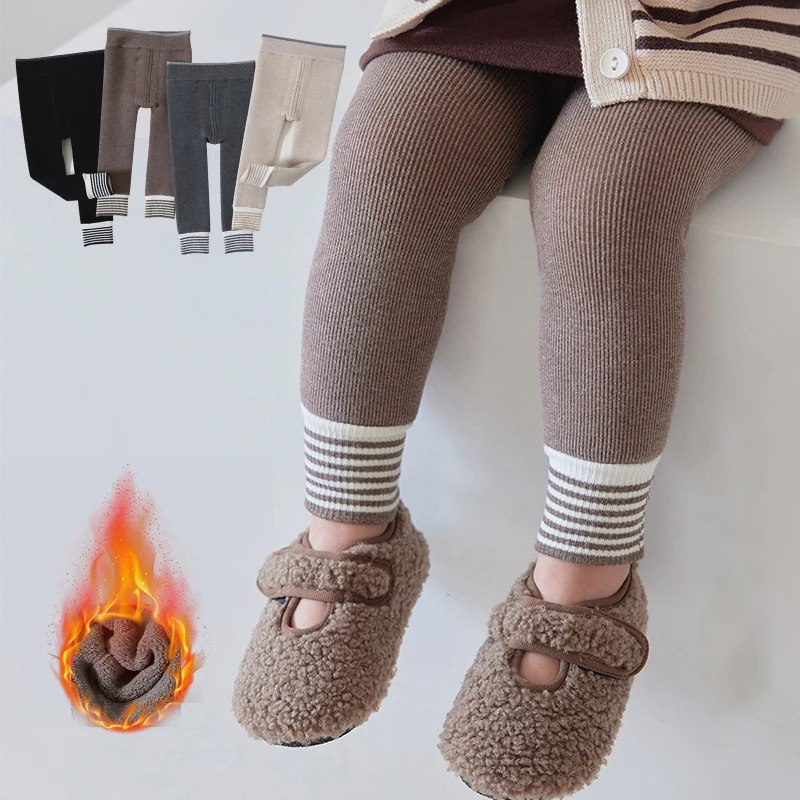 

New Winter Baby Leggings Toddler Fleece Thicken Solid Striped Leggings 1-4Y