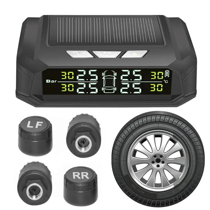 

RV Tire Pressure Monitoring System Solar Power Wireless Car Alarm System With LCD Display 4 Sensors TPMS For Travel Trailer