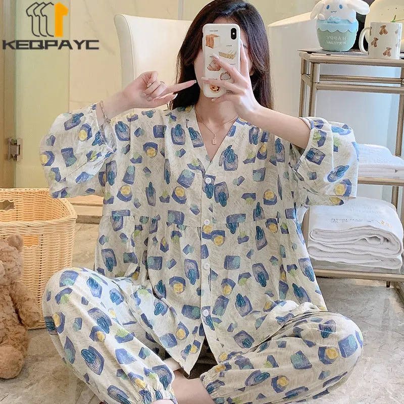 Women's Pajamas New 2023 Spring Autumn Long Sleeve V-neck Thin Cardigan Sleepwear Women Cartoon Floral Nightwear Clothing Sets