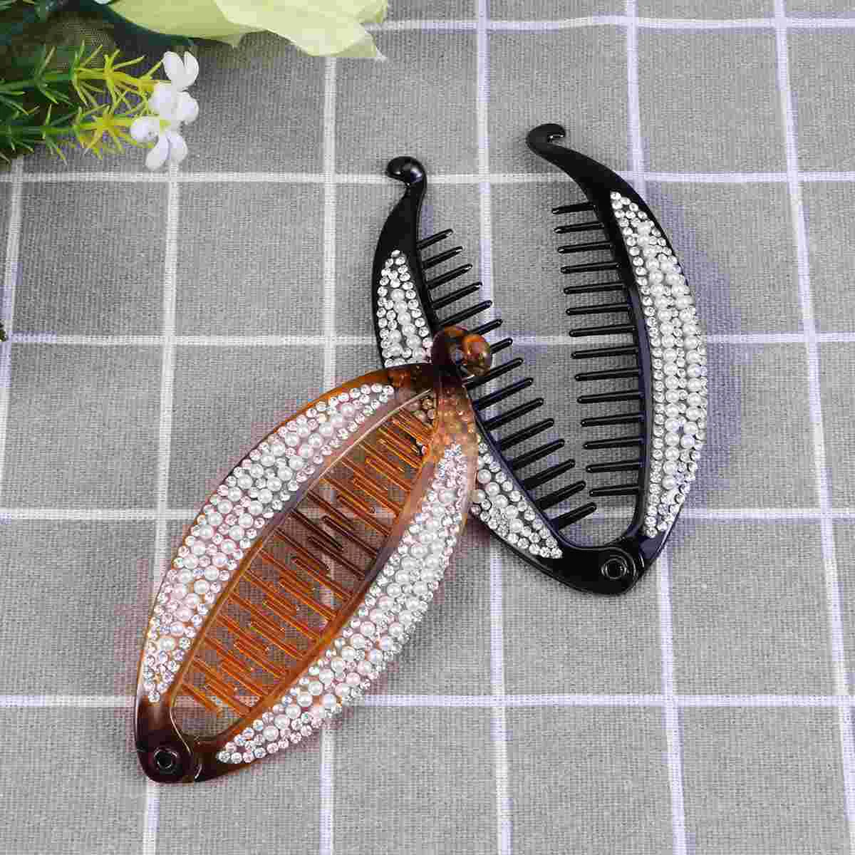 

6pcs Banana Hair Clip Shape Pearl Rhinestone Inlaid Decorative Hair Claw for Girls