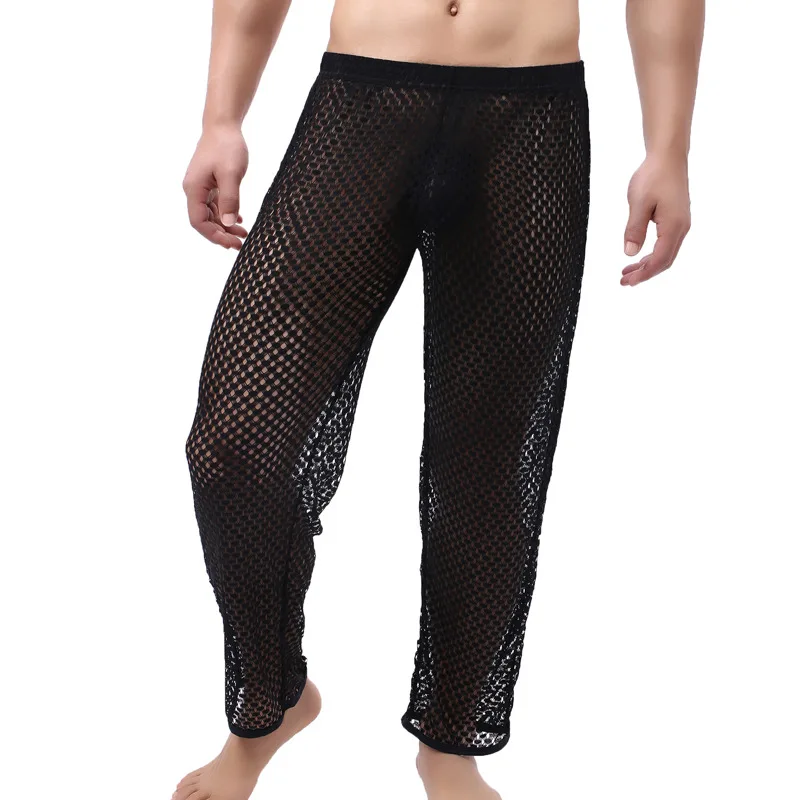 Men Full Length Pants Sexy Long Johns Breathable Male Sleep Bottoms Trousers Loose See Through Pants Casual Homewear