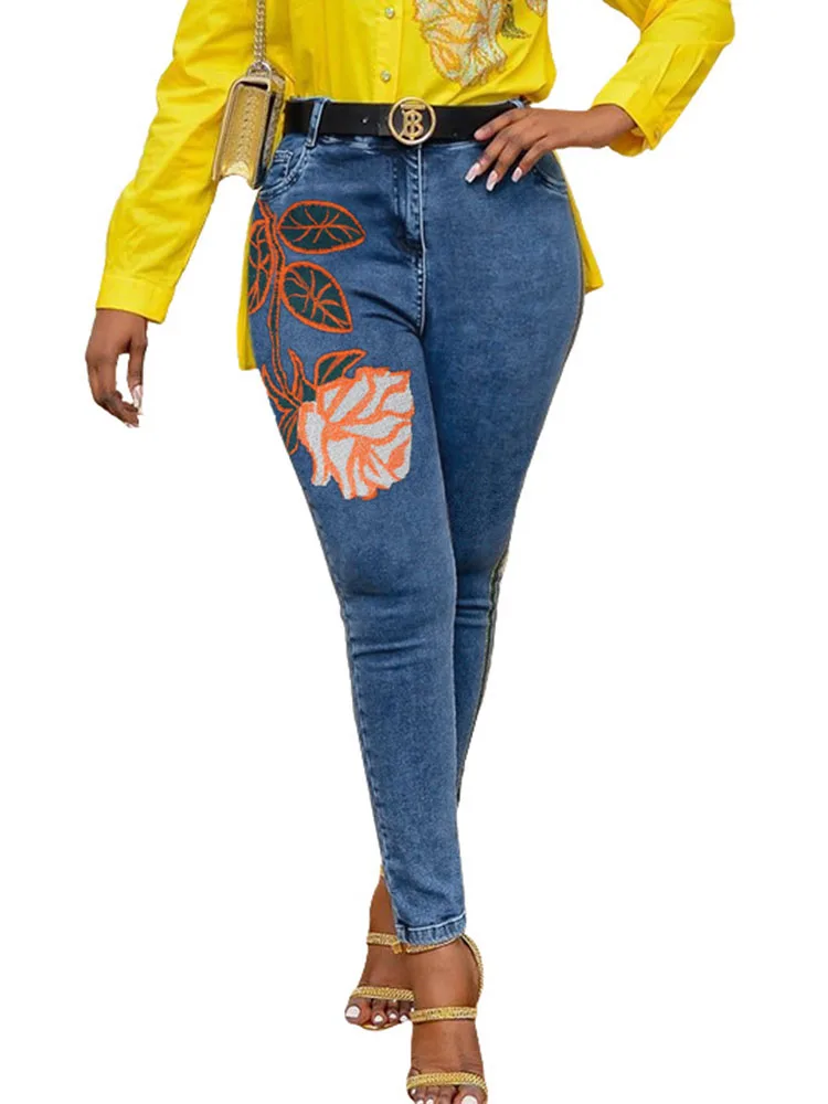 

Szkzk Sexy Embroidery Skinny Jeans For Women Night Club Evening Bodycon Denim Trousers Party Clubwear High Waisted Pencil Pants