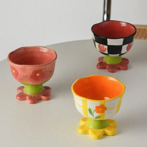 Small Handmade Flower Three-dimensional Cup Black-and-white Lattice Irregular Dessert Bowl Household Container Oat Yogurt Bowl
