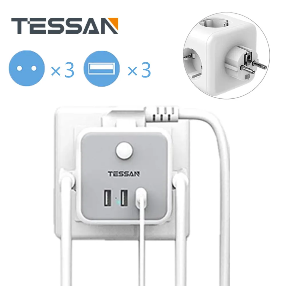 USB-адаптер TESSAN для розетки с 3 USB-портами и выключателем |