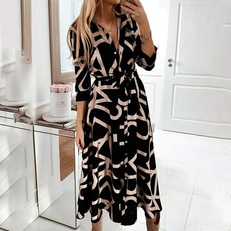 

Женское платье-рубашка на пуговицах, элегантное офисное платье-туника с длинным рукавом и V-образным вырезом, вечерние чное Платье с принтом...