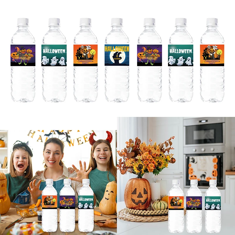 

24pcs Halloween Water Bottle Label Sticker Waterproof Pumpkin Ghost Bat Colorful Bottle Stickers Party Halloween Decoration