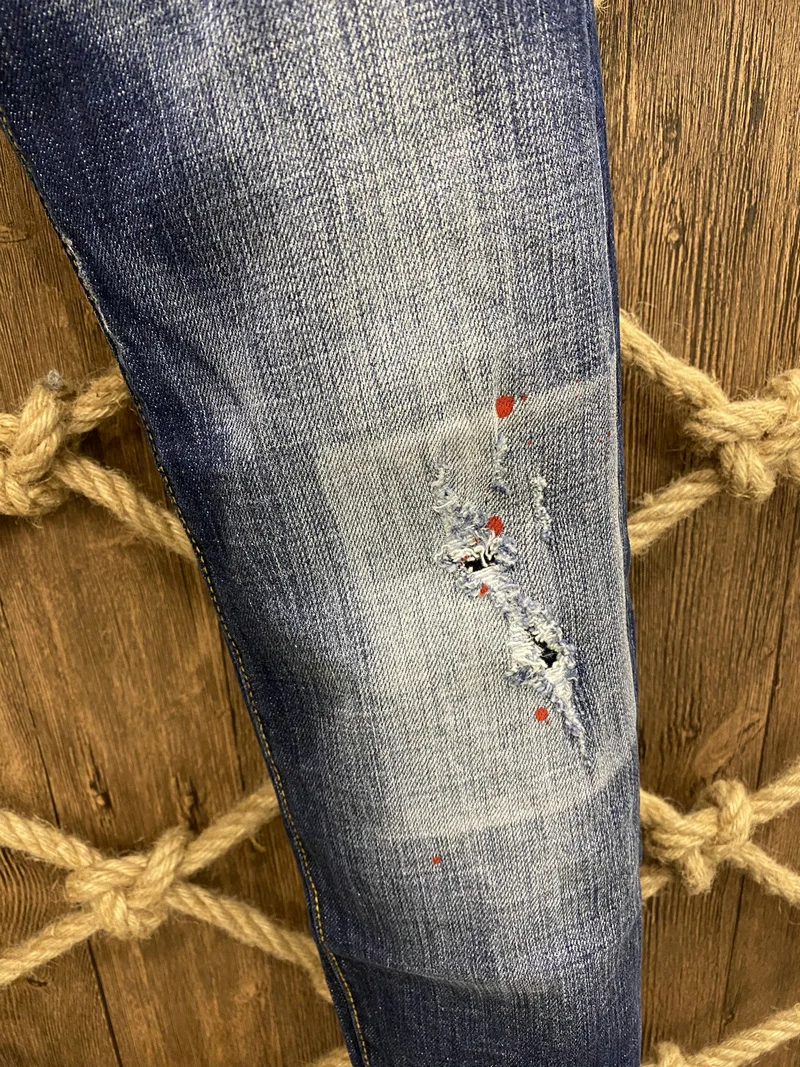 European New Dsquared2 Brand Jeans Men Slim Jeans Pants Men's Denim Trousers Blue hole Pencil Pants jeans for Men 9802