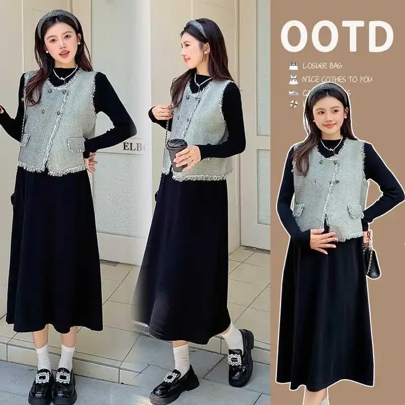 Твидовое трикотажное платье для беременных осень/зима 2024 средней длины