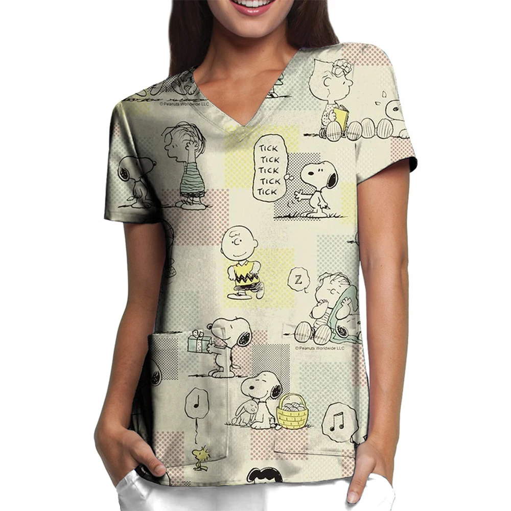 Pocket Women's T-shirt V Neck Nurse Uniform T-Shirt Y2k Clothes Snoopy S-2XL Cheap Top New Hospital Woman Clothing 2025