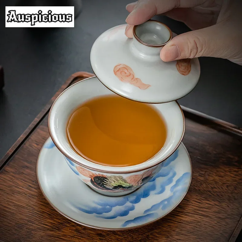 290 мл чистая ручная работа Ru Kiln Gaiwan нарисованная вручную чайная чаша Даргон