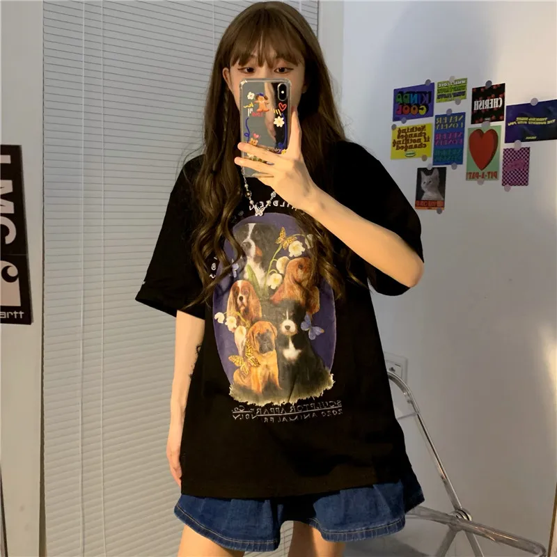 

7392 2022 new summer dog print loose short-sleeved T-shirt women
