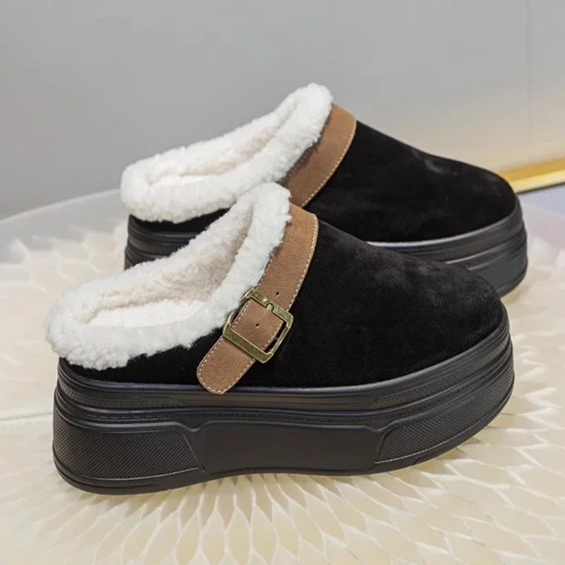 

Winter Fur Mules Shoes Women Home Cotton Slippers 2024 New Warm Flats Platform Shoes Designer Short Plush Flip Flops Femme Botas