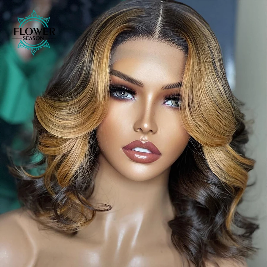 

Short Highlight Bob Human Hair Wigs For Black Women Brazilian PrePlucked Body Wave 13*6 HD Lace Frontal Wig With Baby Hair