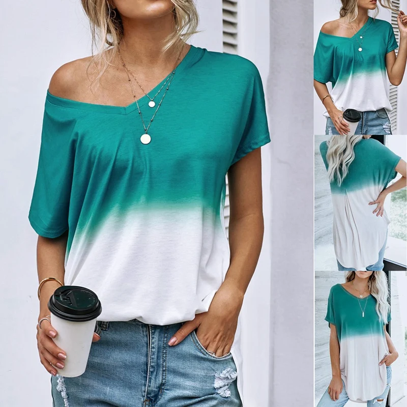 

Womens Summer Tops Casual V Neck Gradient Tie Dye Short Sleeve T Shirts Loose Tunic Tops And Blouses