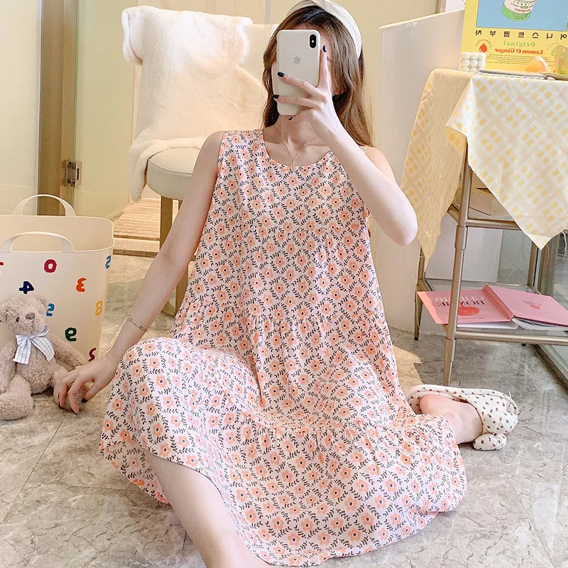 Summer Vest Nightdress Thin Cotton Silk Pajamas Maiden Outside Night Dress Women