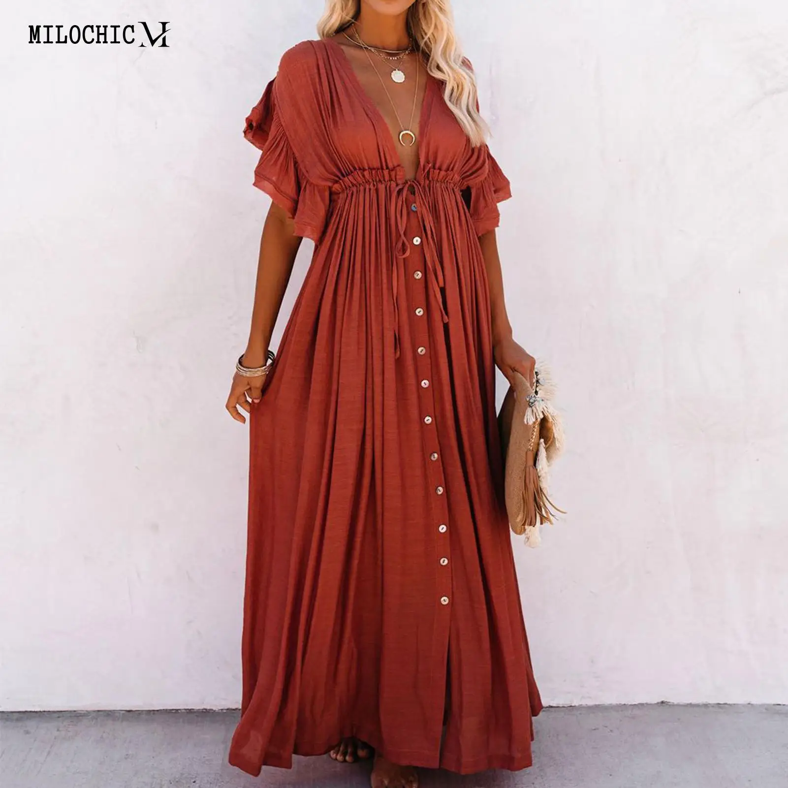 

High Waisted Dress Ladies Summer Beach Dress Boho Style Women Single Breasted Solid Color Ruffle Sleeve Vacation Outfit