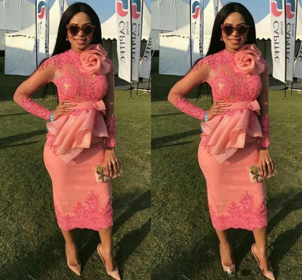 

2018 African Long Sleeves Mother of the Bride Dresses Lace Appliques Sash Bow Tea Length Peach Wedding Guest Prom Evening gowns