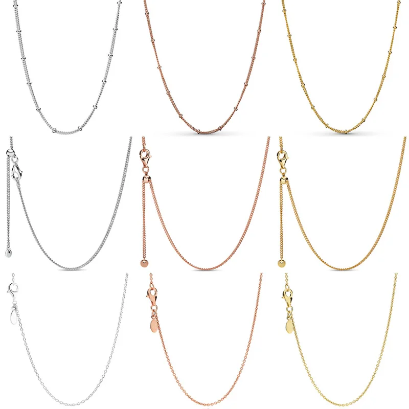 Rose Gold Beaded & Curb Sliding Anchor Clasp Chain Adjust Basic Necklace For pandora 925 Sterling Silver Charm DIY Jewelry