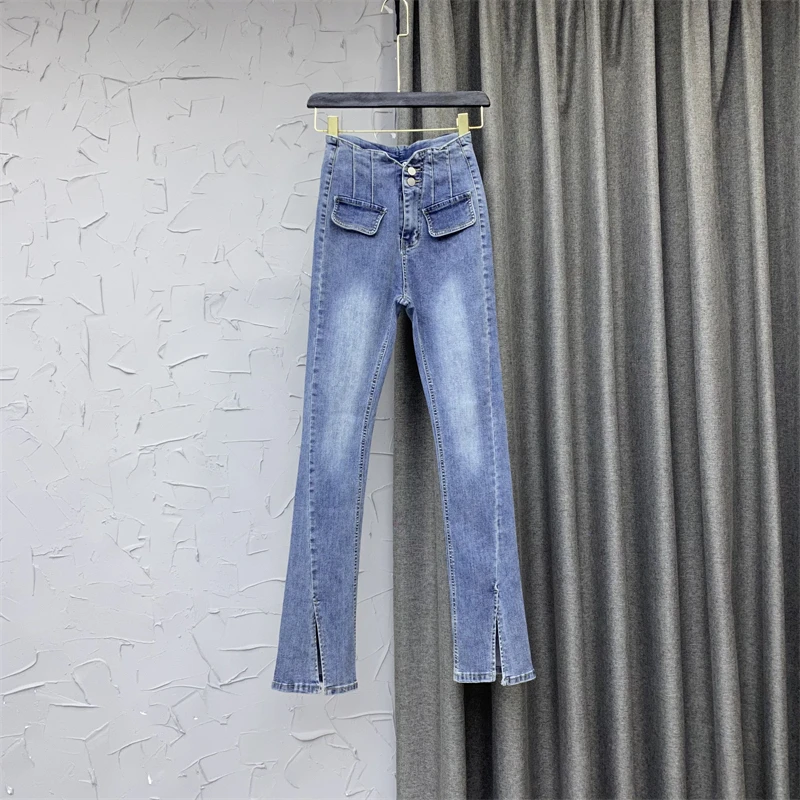 

Blue Bell-Bottom Pants Women's Trousers 2022 New Autumn Fashionable Denim Trouser Female Slit Skinny Flared Jeans Woman Jean