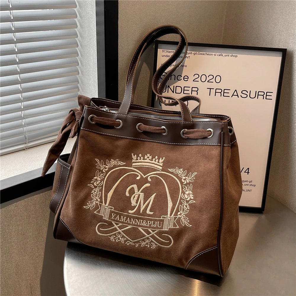 

Burminsa Embroidery Canvas Large Shoulder Tote Bags For Women Autumn 2022 Vintage Designer Shopper Travel Work Ladies Handbags