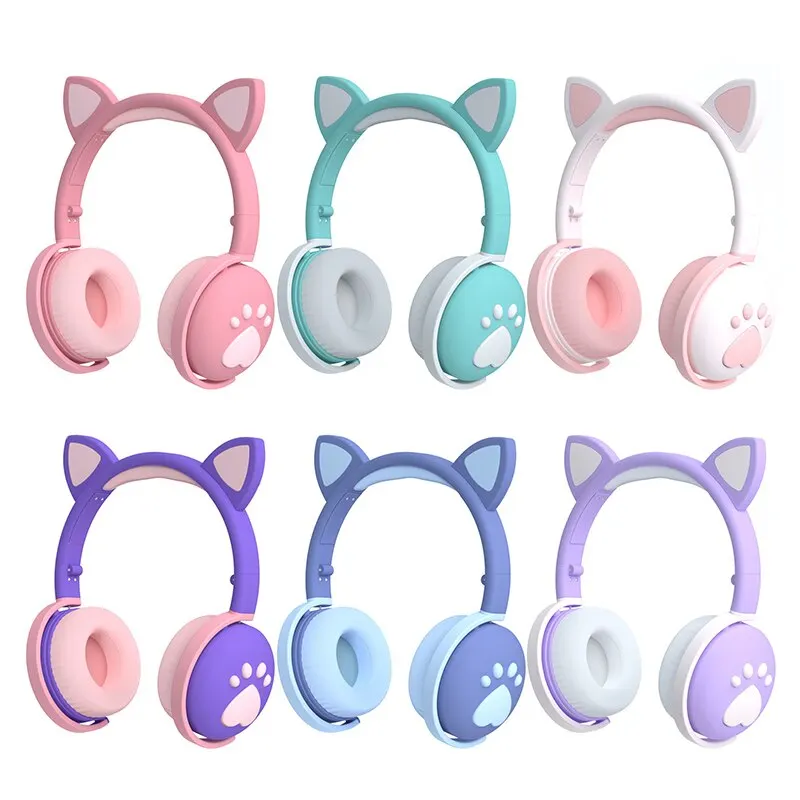 

30pcs Bluetooth Headphones glowing cute LED Cat Ear Paw Girls Gift Kids Headset Wireless HIFI Stereo Bass 3.5mm Plug With Mic