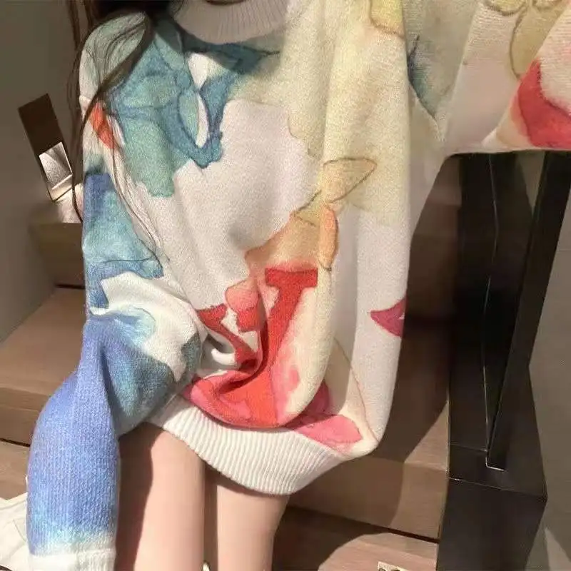 

Watercolor Graffiti Sweater Women's Loose Long Thin Tie-dye Sweaters Girls Spring Autumn Pullover knit Tops Female Dropship
