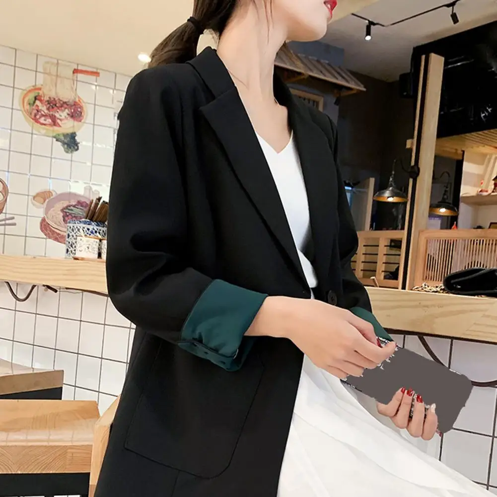 

Spring Autumn Ladies Suit Coat Mid-length Lapel Long Sleeve Women Blazer Solid Color Single Button Big Pockets Elegant Blazer
