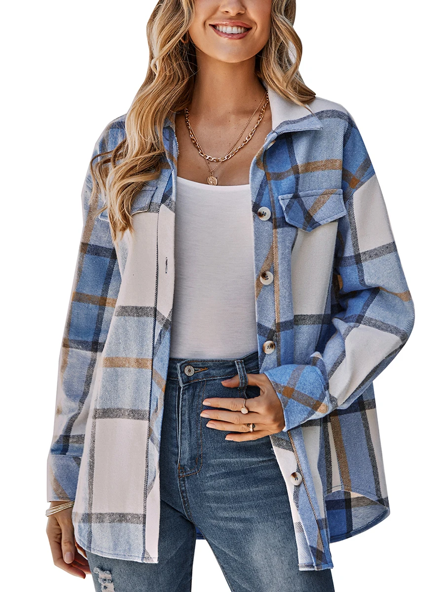 

Women\u2019s Autumn Mid-Length Coat Plaid Print Long Sleeve Lapel Button Closure Loose Cardigan with Belt