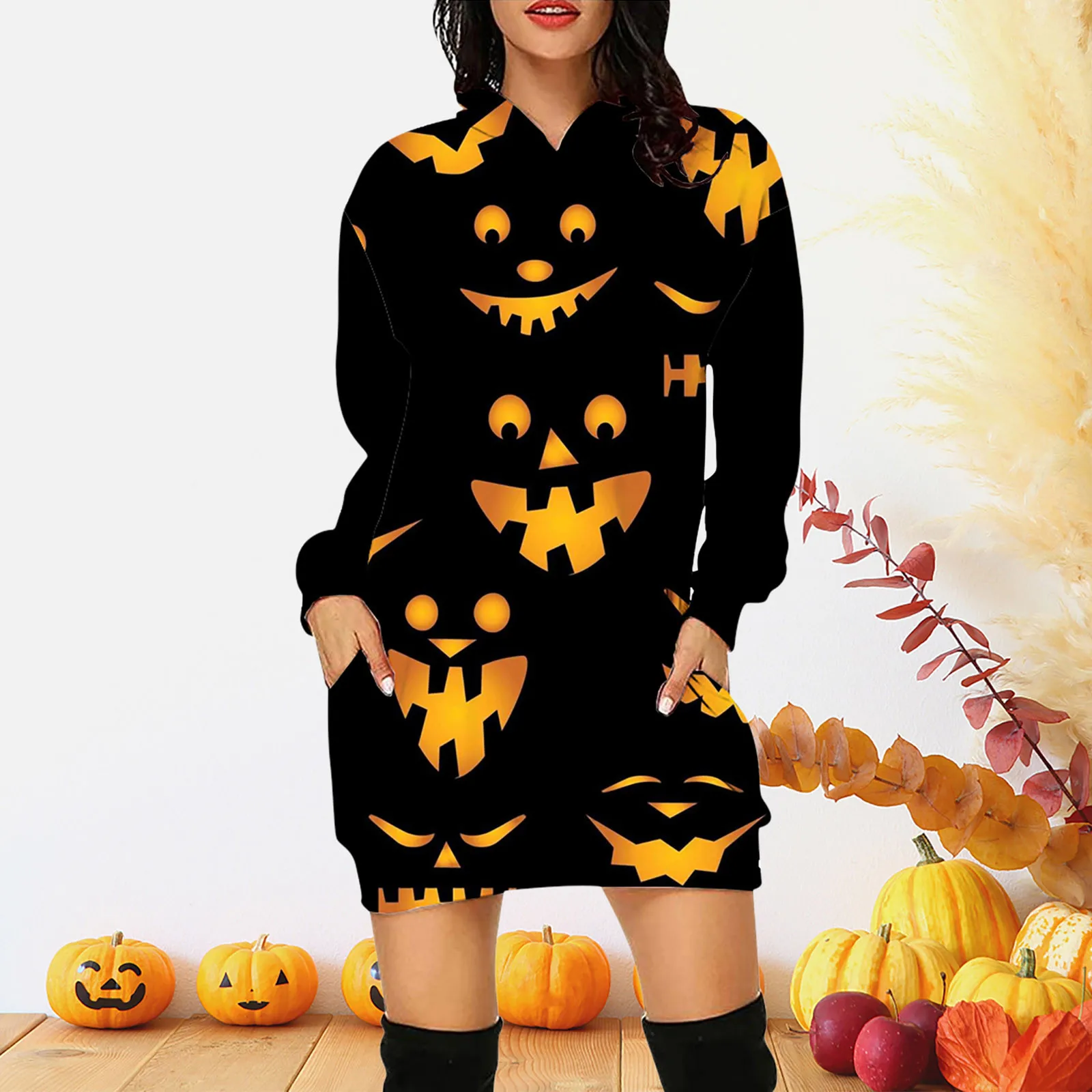 

Womens Long Sleeve Hooded Pockets Pullover Halloween Print Fitting Dress Women Womens Business Dresses Tea Party Maternity Dress