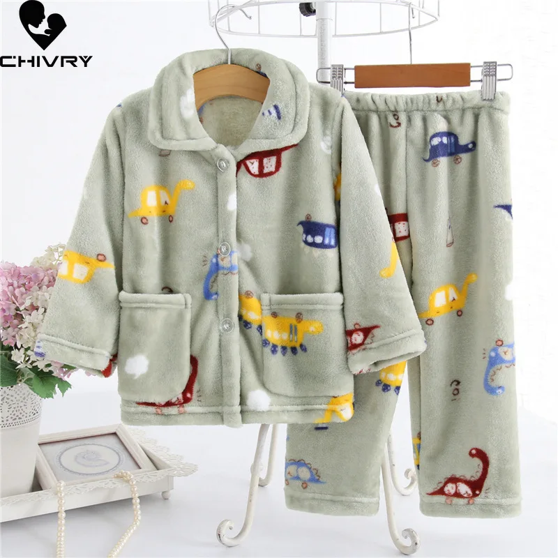 New 2022 Kids Flannel Pajama Sets Autumn Winter Boys Girls Warm Cartoon Long Sleeve Lapel Tops with Pants Sleeping Clothing Set