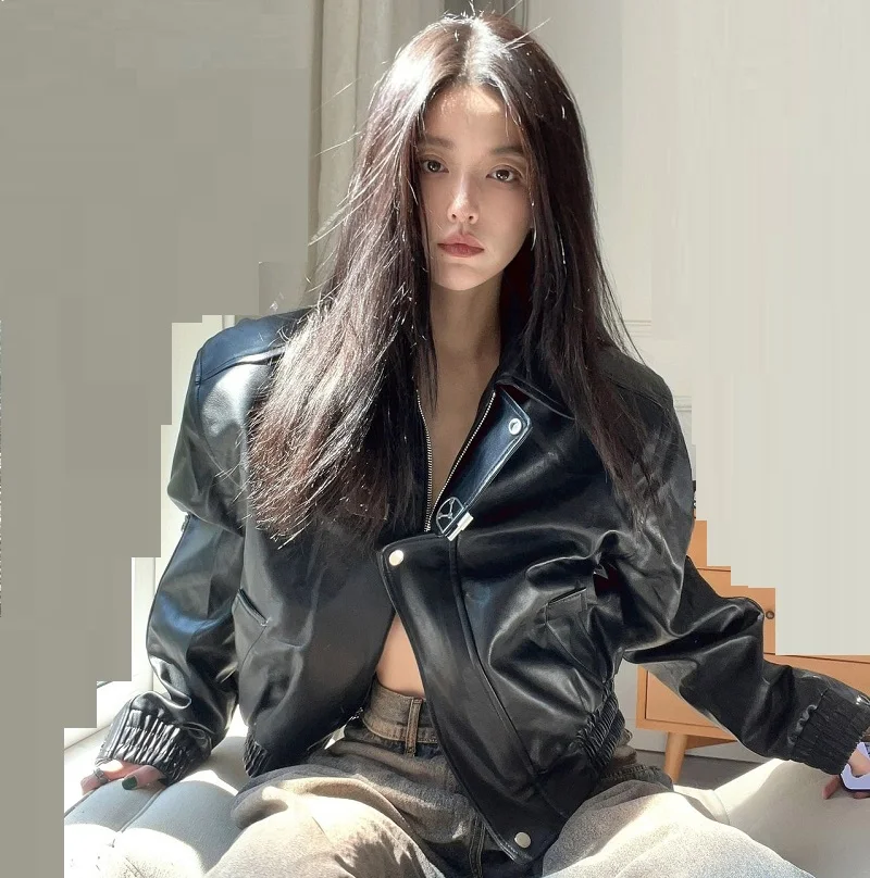 

Spring 2023 Black Oversized Faux Leather PU Coat Korean Fashion Luxury Retro Motorcycle Long Sleeve Metal Buckle Zip Up Jacket