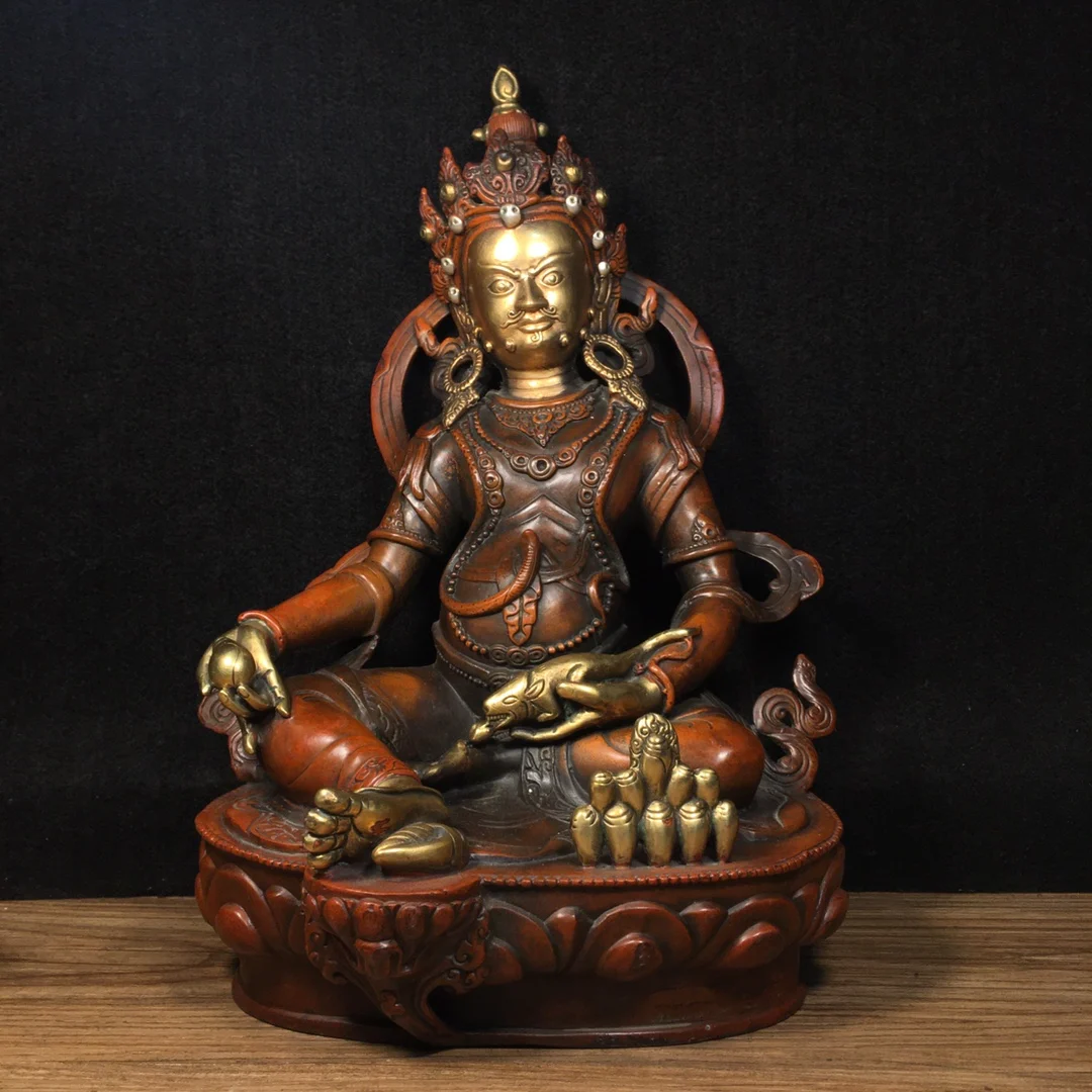 

12"Tibetan Temple Collection Old Bronze Real gold in gold Huang Caishen Tibetan Buddha Lotus Platform worship hall Town House