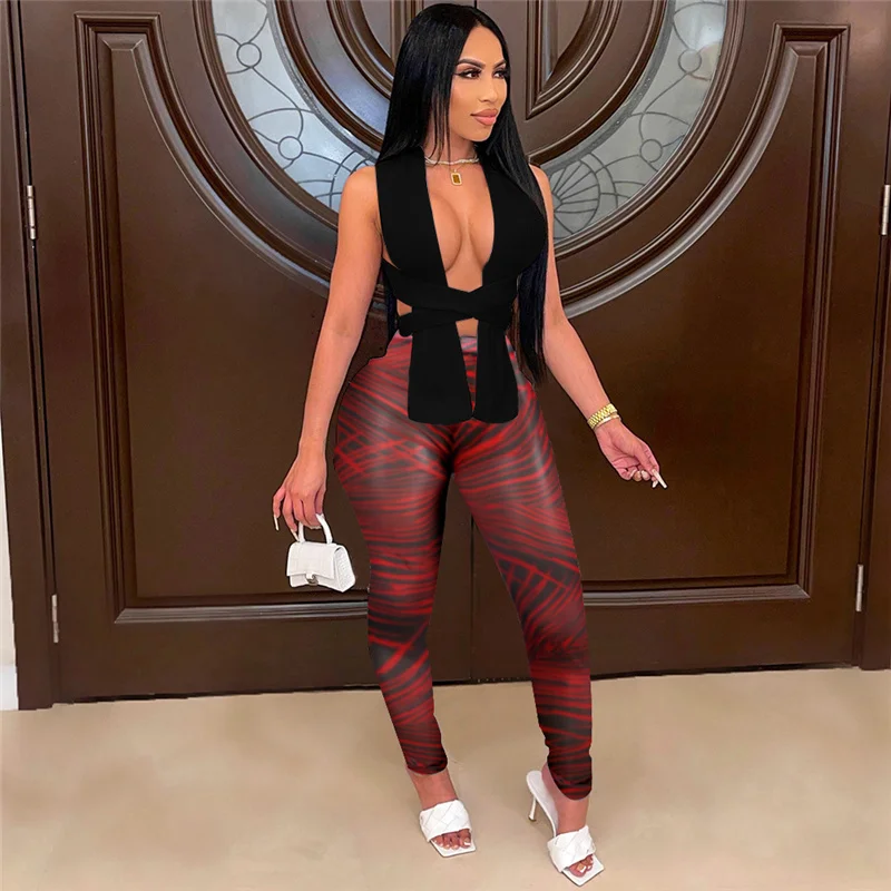 Sexy Two Piece Outfits for Women Club Wear Co Ord Sets Knitted Bandage Tops and Printed Leggings Party Matching Sets Undefined