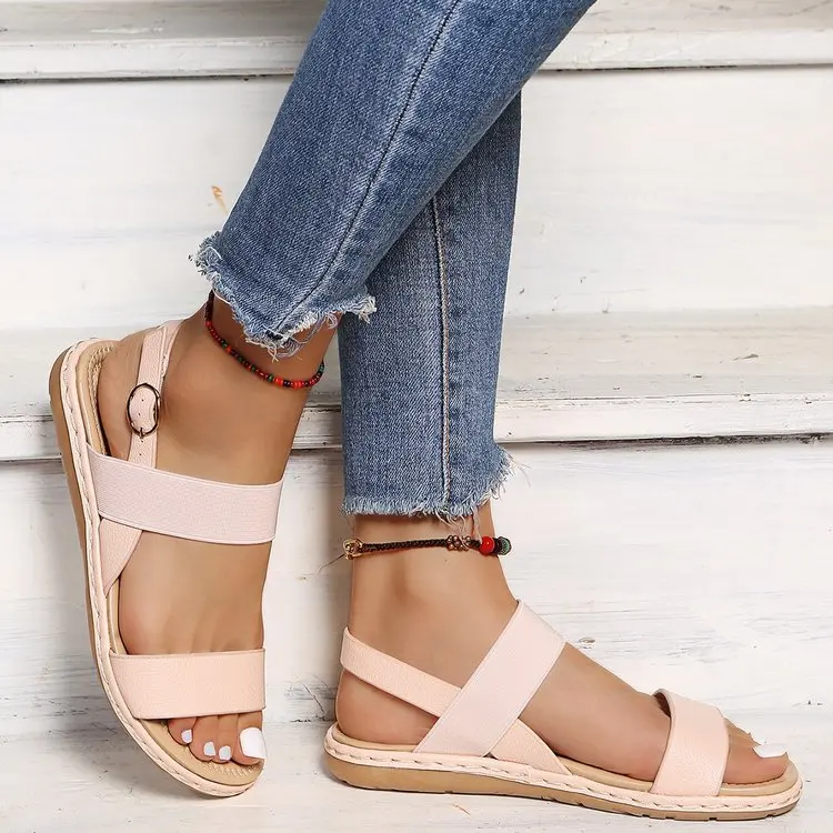 

New Ladies Casual Fashion Footwear Women Sandals Slip On PU Woman Summer Shoes New Elastic Comfort Flats Footwear Plus Size