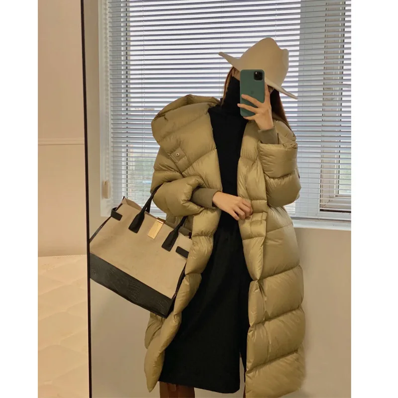 Long Over Knee Down Jacket Women Thick Loose Thin White Duck Down Hoodie Coat Winter Puffer Jacket