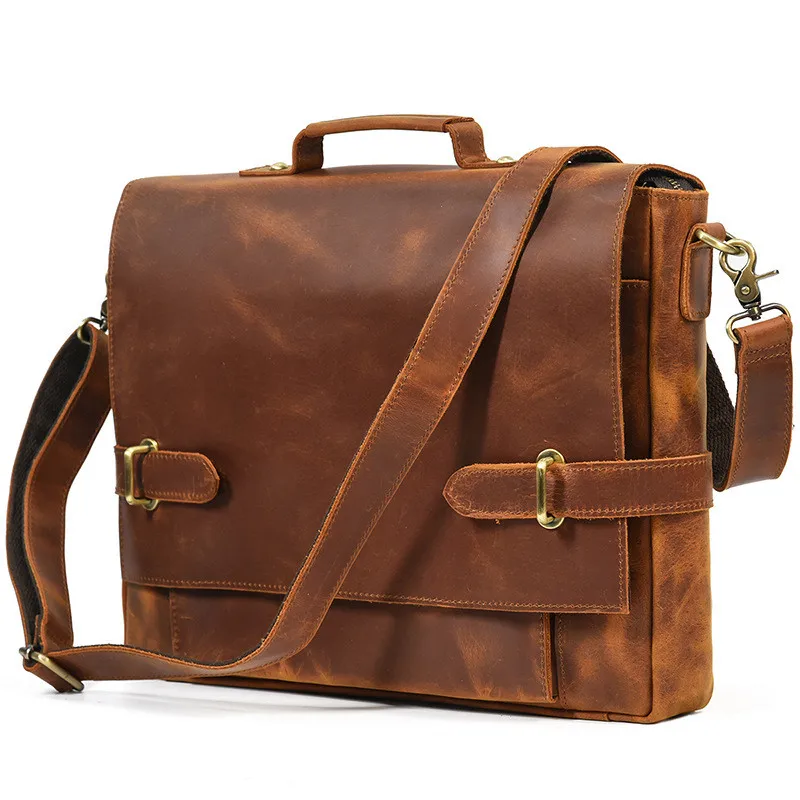 Retro fashion crazy horse cowhide men brown portable briefcase daily work business 14-inch commuter shoulder messenger bag