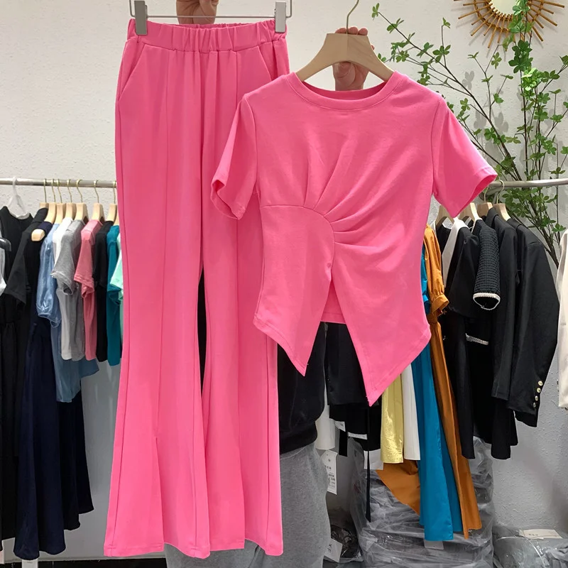 

Women's Split Leisure Flared Pants Suit Summer New Slim Short T-shirt Two Piece Sportswear Female Solid Color Set
