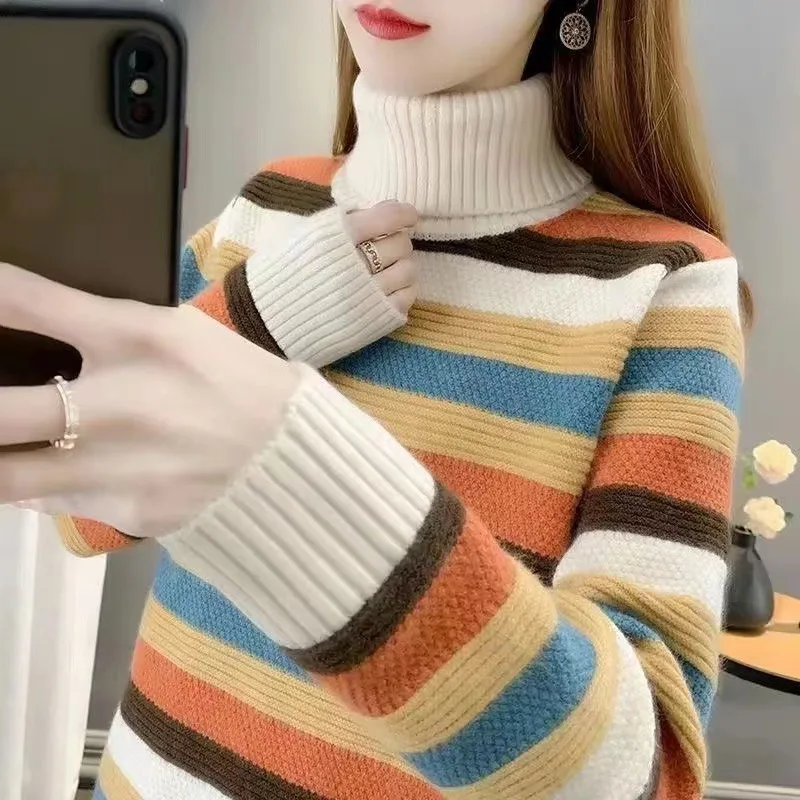 

New autumn and winter new high-necked color striped sweater female slim pullover long-sleeved blouse