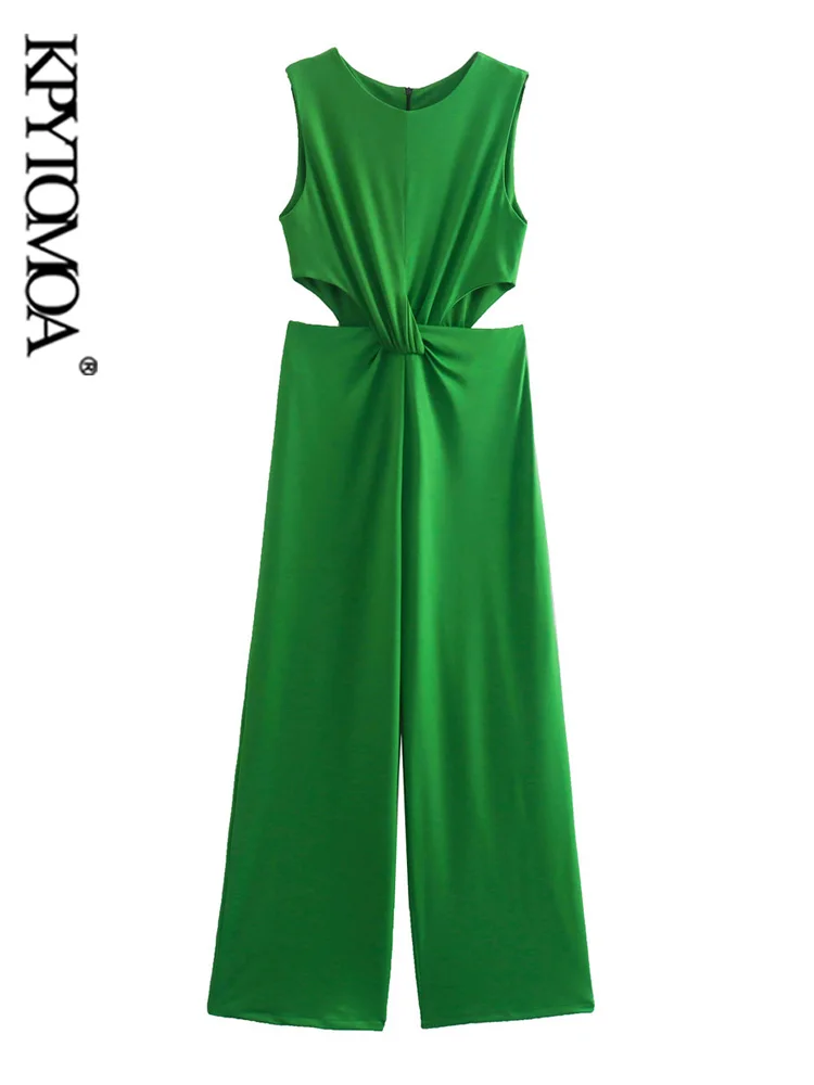 

KPYTOMOA Women Fashion Front Knotted Hollow Out Jumpsuits Vintage Sleeveless Back Zipper Female Playsuits Mujer