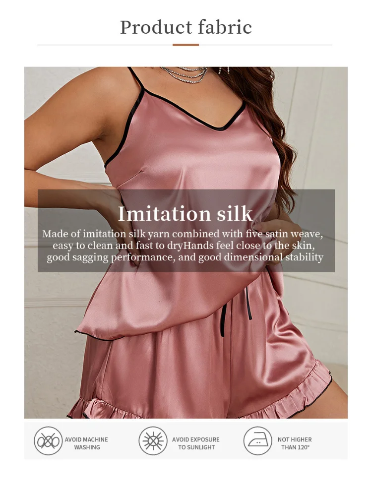 Summer Sexy Simulated Silk Women's Pajamas plus size Set V-Neck Strap Tank Top Sleeveless women clothing 2 pieces set