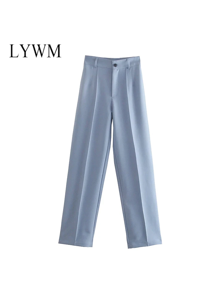 

LYWM Women Fashion Office Lady Straight Pants Pockets Vintage Front Slit Zipper Fly Female Trousers Mujer Chic Outfits
