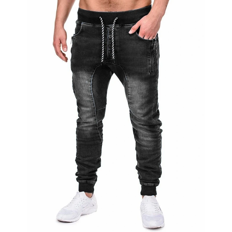 Men Jeans Streetwear Vintage Jeans Spring Solid Pocket Single-Breasted Denim Pencil Pants Men Lace-up Mid Waist Sports Jeans